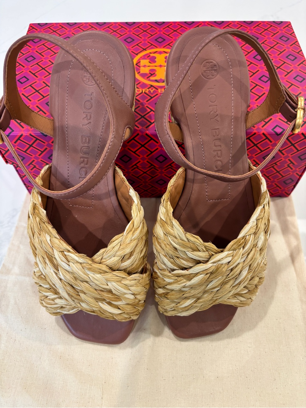 Tory Burch Kira Braided Raffia Slide Sandals with Mauve Leather Strap Size 8.5. - Picture 5 of 11